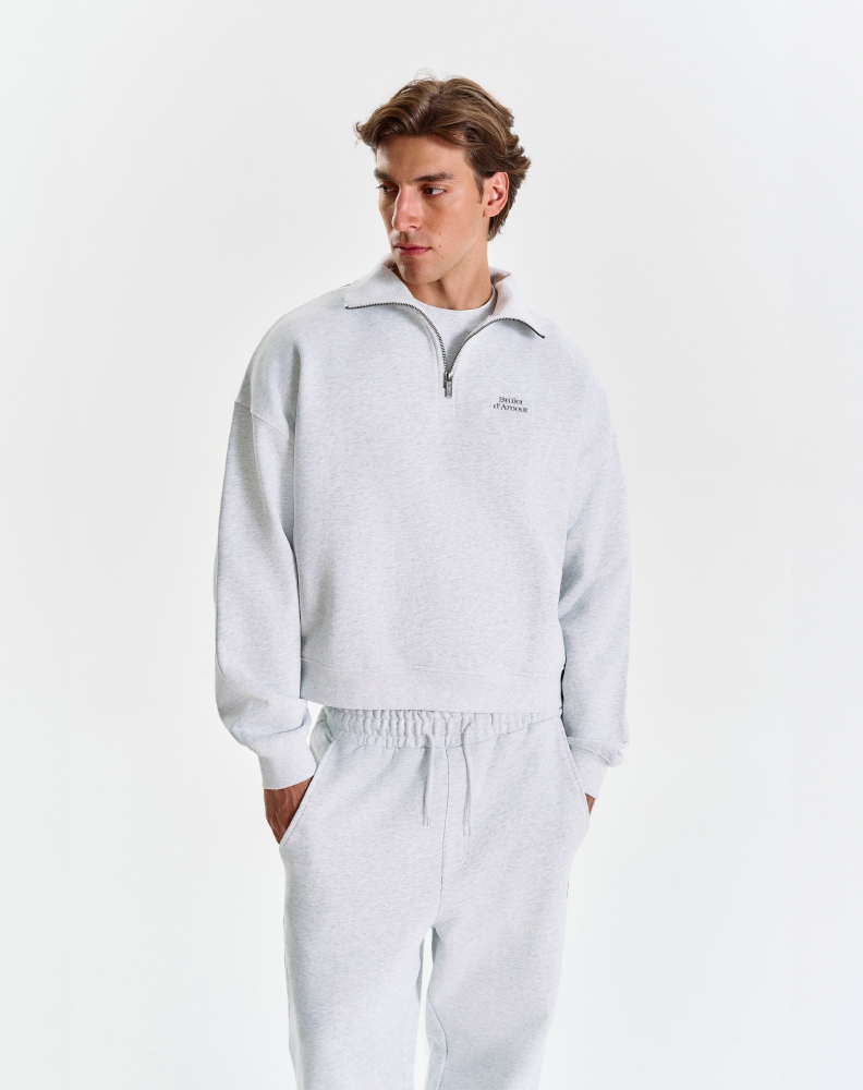 Серое меланжевое half-zip худи "Logo de base 02"