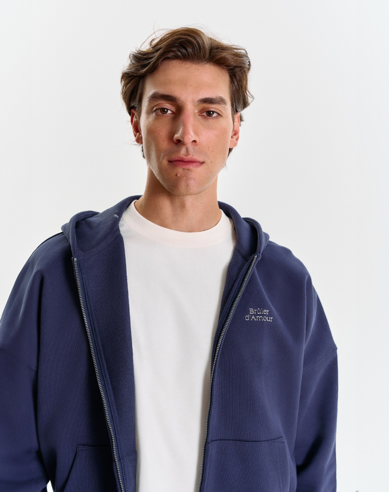 Тёмно-синее оверсайз зип-худи "Logo de base 01"