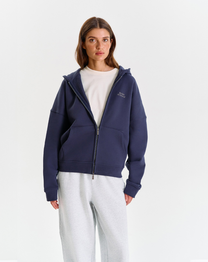 Тёмно-синее оверсайз зип-худи "Logo de base 01"